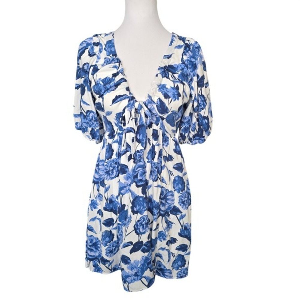Abercrombie & Fitch Blue White Floral Puff Sleeve Tie Front Mini Dress Small